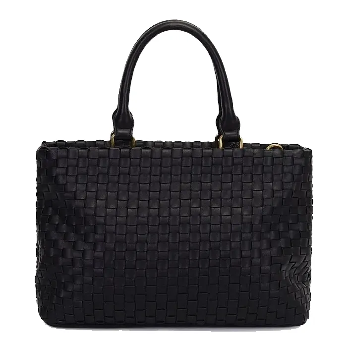 Bolsa tote feminina preta WJ vista traseira com textura trançada uniforme